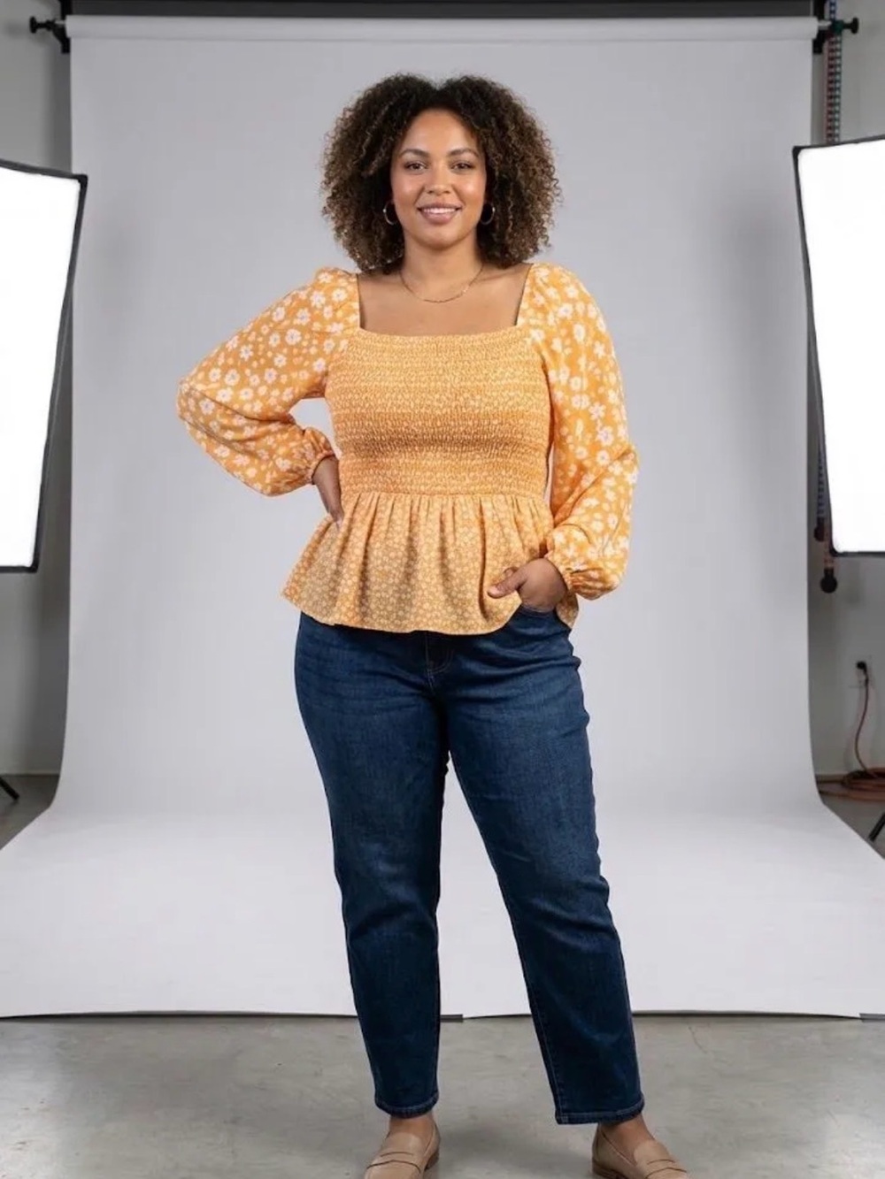 Flying Tomato Square-Neck Smocked Peplum Blouse in Light Yellow Floral